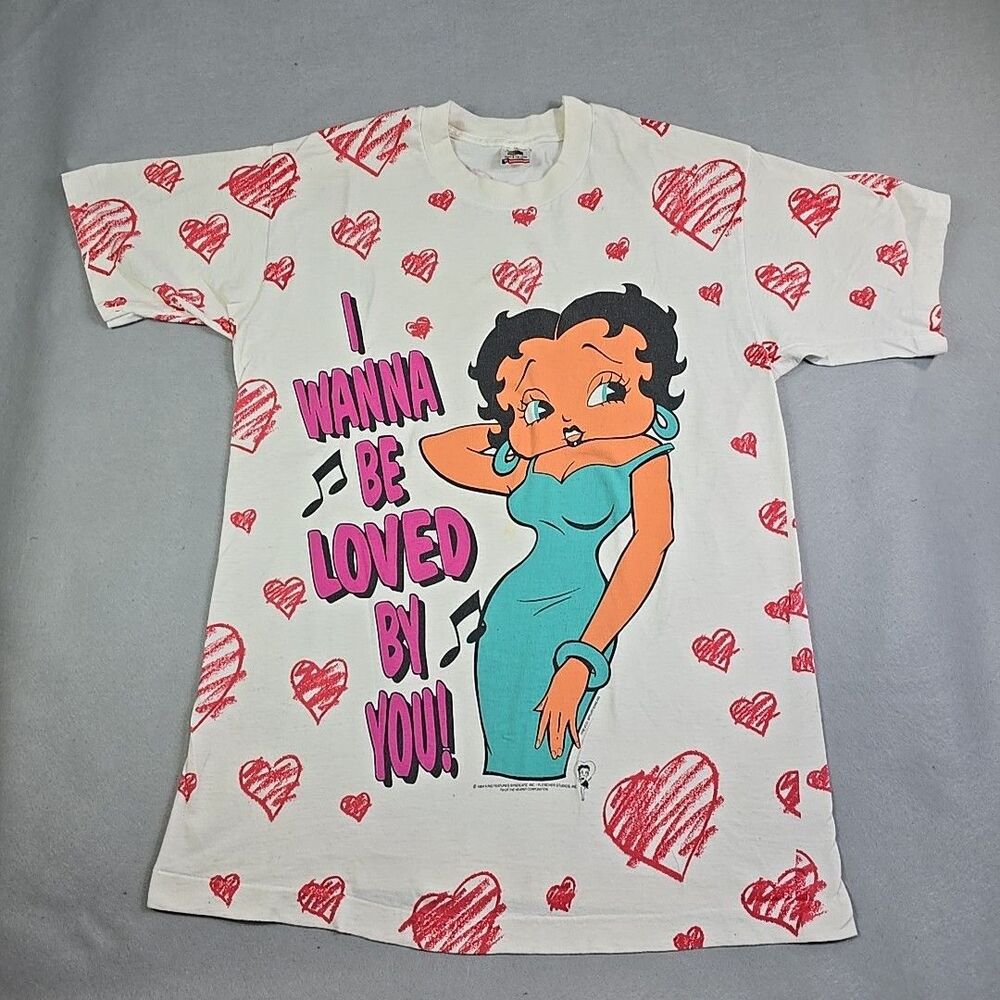 Vintage‎ 90's Betty Boop T-Shirt Cartoon Character Men's Large AOP Hearts 1994